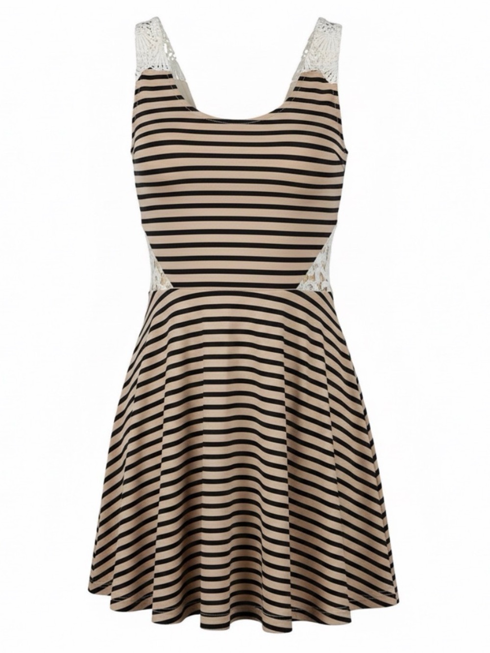 Poof Couture striped gray/white dress, lace detailing. Fitted top; flowing skirt